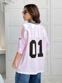 SHEIN EZwear Camiseta de manga corta suelta casual deportiva con de color, estampado digital y hombros caídos - Rosa - Ver 2