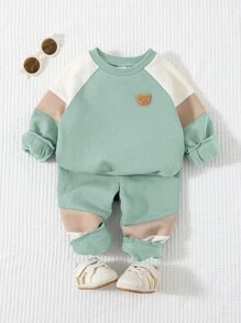 Cozy Pixies 2pcs/Set Baby Boy Decoration Embroidery Colorblock Round Neck Raglan Sleeve Hoodie And Jogger Pants Set