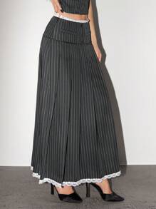 SHEIN ICON Falda midi plisada a rayas de cintura baja con decoración de encaje para mujer