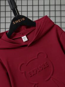 SHEIN 青少年男孩刺绣贴布针织休闲连帽长袖运动衫 - 酒紅色 - 查看 4