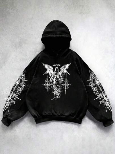 Manfinity Dauomo Men Plus Size Retro Print Hooded Sweatshirt, Casual For Autumn/Winter, 2000s Style