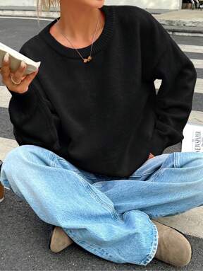 INAWLY Jersey básico casual de cuello redondo y manga larga de unicolor para mujer