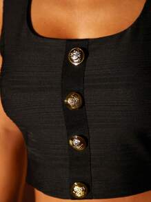 Lumalex Wedding Anniversary Spring Festival Party Season Valentine's Day Winter Thanksgiving Outfit New Years Thanksgiving Rave Festival Outfits Formal Prom New Years Eve Outfit Concert Party Banquet Women Gold Color Button Decor Scoop Neck Fitted Tank Top