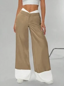 SHEIN Unity 女士宽松阔腿高端设计口袋长裤 - 棕色 - 查看 6