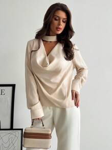 Firerie 全新秋冬优雅精致复古风简约通勤杏色荷叶边领别致修身府绸女式长袖衬衫 - 杏色 - 查看 5