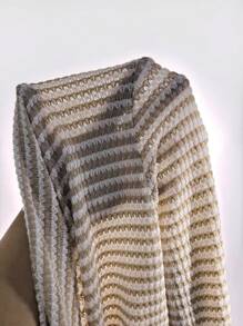 SHEIN Frenchy 女士休闲条纹喇叭袖修身 T 恤，秋季 - 杏色 - 查看 5