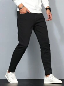 Manfinity Homme Plus Size Men Fashion Casual Versatile Slant Pocket Denim Jeans, Slim Fit Dark Jeans Long Plain Black Washed Cargo Jeans, For Husband, Boyfriend Gifts