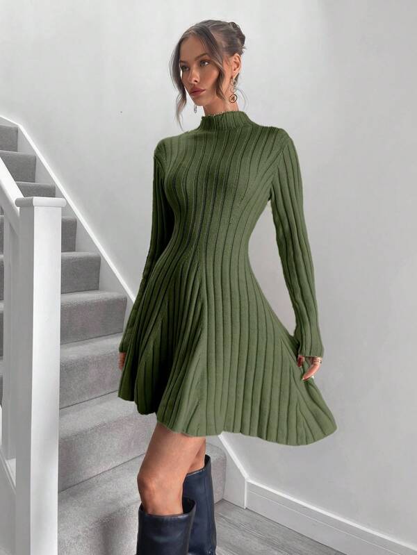 Roylia 1 bucată rochie pulover cu mânecă lungă din tricot cu nervuri de culoare solidă pentru femei
