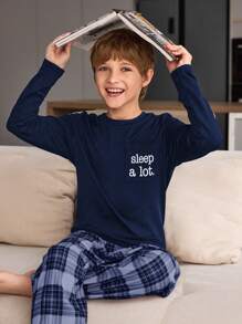 2pcs Tween Boys Casual Classic Plaid Pattern Short Sleeve Top And Pants Comfortable Pajama Set - Royal Blue - View 1
