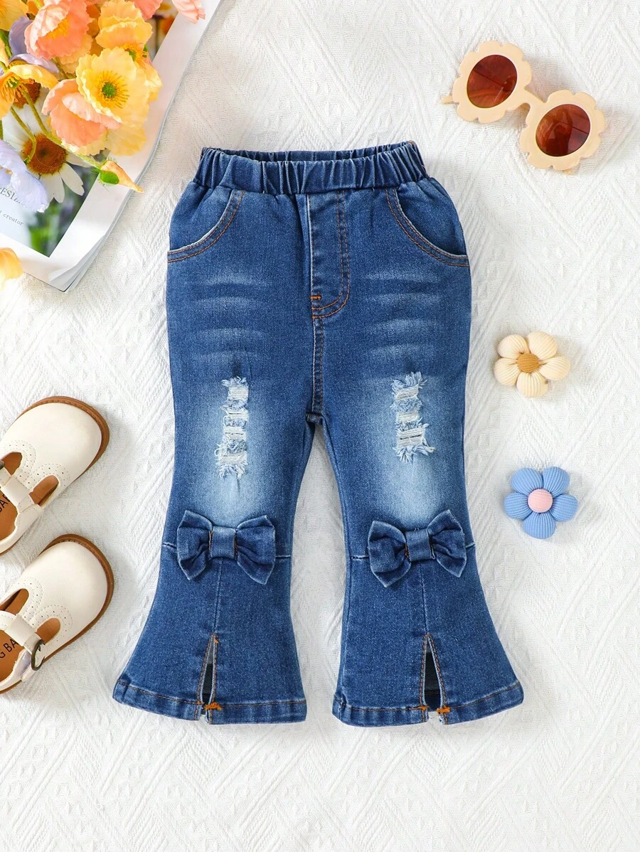 1pc Baby Girls Casual Blue Woven Denim Flared Pants With Bow Decor, Autumn/Winter New Arrival Size 20-24 - Blue - View 1