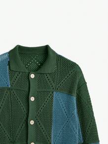 Manfinity VCAY Áo khoác cardigan dáng rộng, trễ vai, họa tiết kẻ caro tương phản, thường ngày cho nam, dành cho mùa thu đông - Màu xanh lá cây đậm - Xem 5