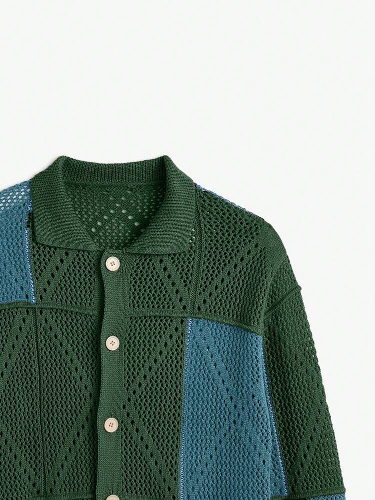 Men's Loose Knit Dropped Shoulder Contrasting Plaid Pattern Casual Cardigan, For Fall Winter