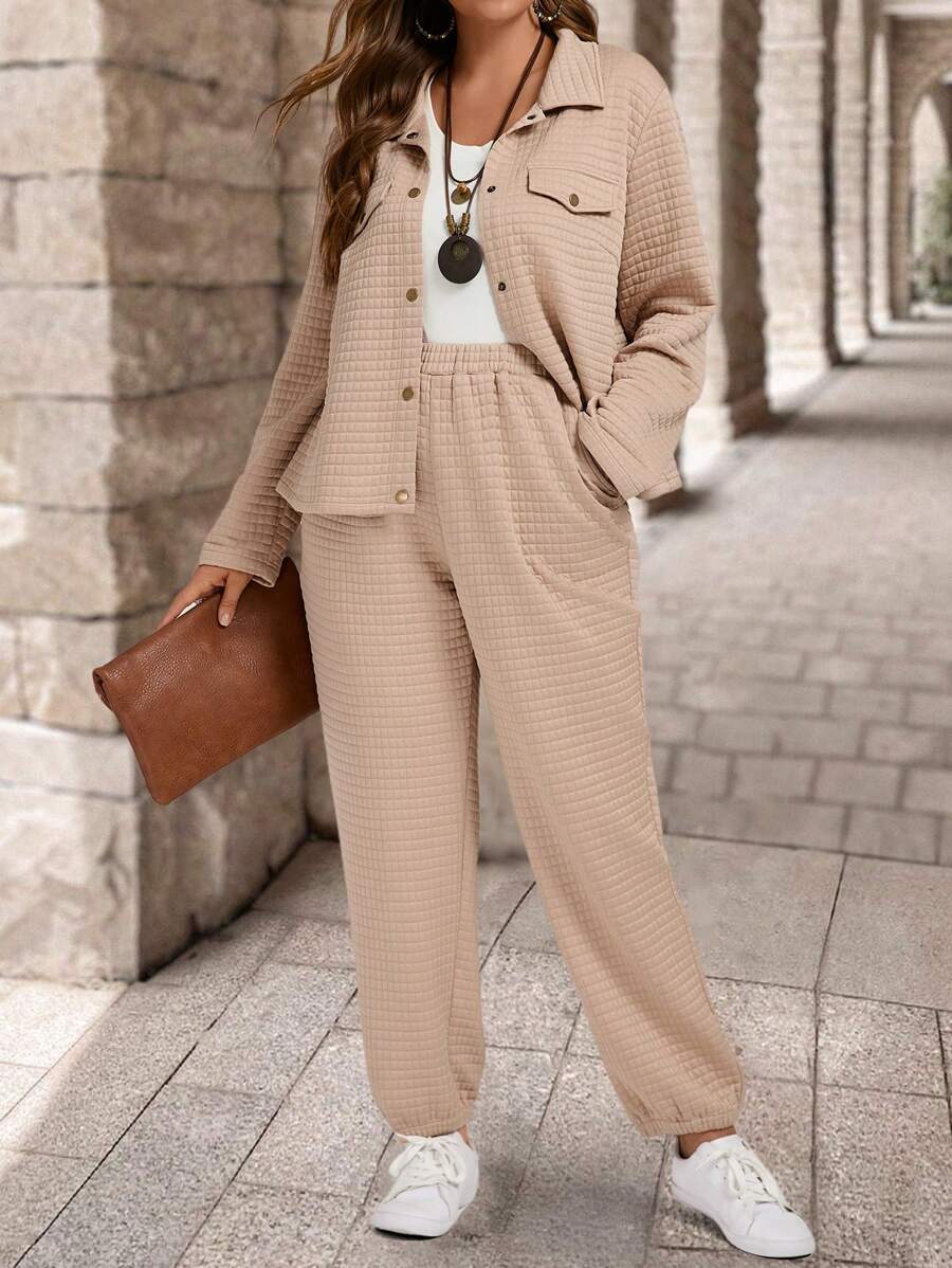 SHEIN LUNE Plus Size Apricot Faux Pocket Textured Fabric 2 Pieces Set For Women Fall Cloth For Women - Apricot - View 1