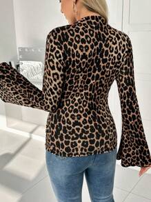 SHEIN 孕妇休闲日常豹纹百褶修身长袖衬衫，秋季