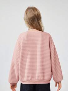 SHEIN Tween Girls Loose Fit Textured Crew Neck Long Sleeve Sweatshirt,In Fall/Winter - Dusty Pink - View 2