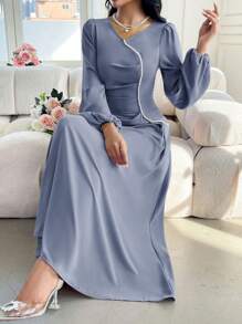 Modelyn Women Solid Color Crew Neck Long Sleeve Faux Pearl Decor Minimalist Casual Arabian Modest Dress Long Evening Dresses