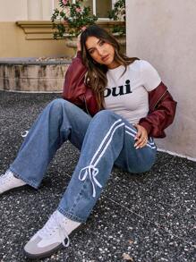 SHEIN Tall Women's Side Stripe Straight Loose Casual Jeans Y2K Webbing Bow - Medium Wash - View 5