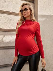 SHEIN Solid Mock Neck Ruched Maternity T-Shirt, Red - Red - View 6