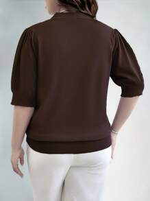 EMERY ROSE Plus Size Solid Color Short Sleeve Front Button Casual Pullover Knit Top, For Winter Knit Pullover Fall Autumn - Coffee Brown - View 2