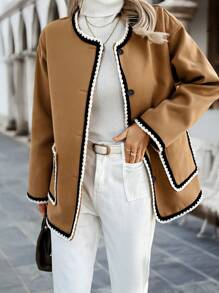 SHEIN Clasi 女式秋冬拼接缎带落肩长袖单排扣休闲大衣 - 駝色 - 查看 3