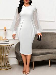SHEIN Lady Đầm công sở thanh lịch tay đèn lồng lưới tương phản xẻ lưng ôm sát không thắt lưng - trắng - Xem 4