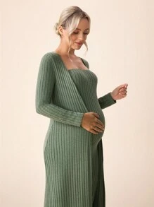 SHEIN Olive Ribbed Sleeveless Dress With Cardigan Maternity 2 Pieces Set, Autumn - Green - View 2
