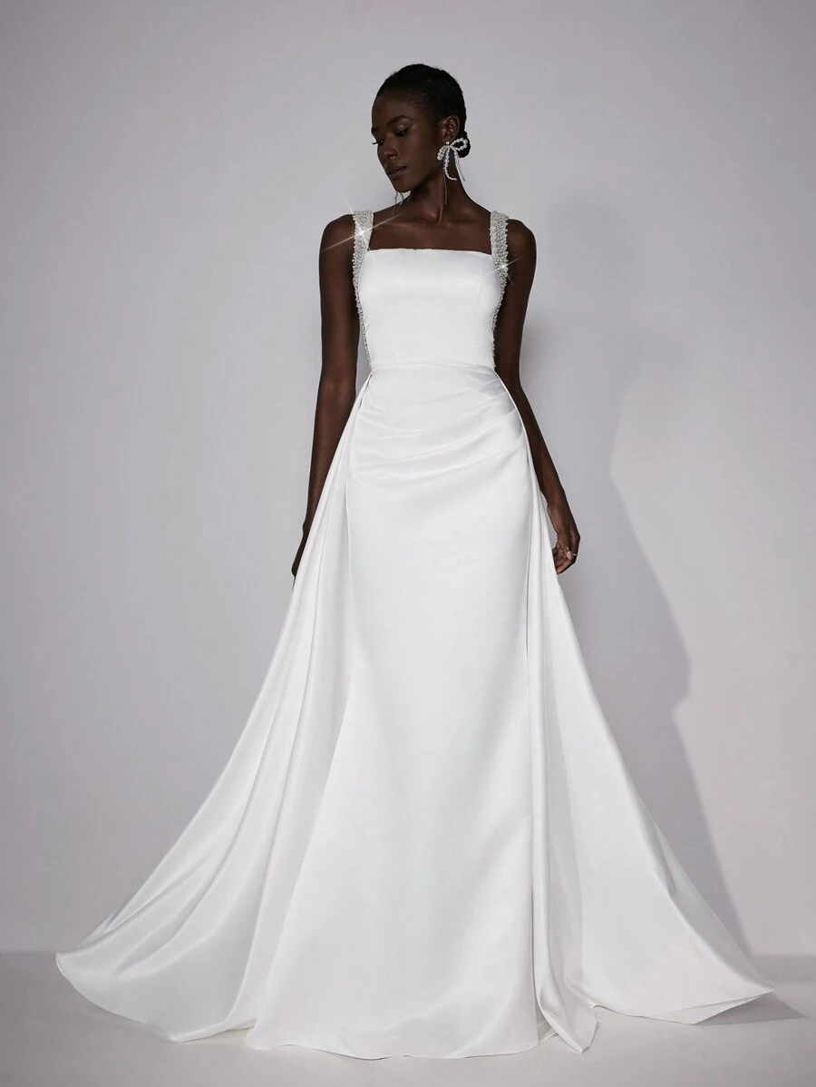 Elitara 优雅奢华香槟色缎面荷叶边美人鱼裙，泡泡下摆设计，适合婚礼、单身派对、度假、舞会、新娘、白色礼服、新娘 - 白色 - 查看 1