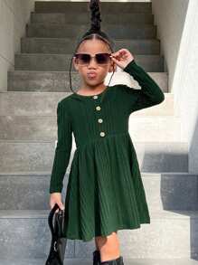 SHEIN 年轻女孩休闲纯色圆领纽扣装饰长袖针织连衣裙 - 綠色 - 查看 1