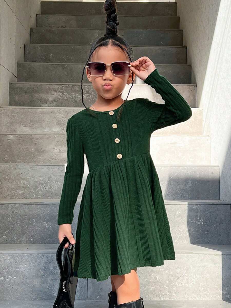 SHEIN 年轻女孩休闲纯色圆领纽扣装饰长袖针织连衣裙 - 綠色 - 查看 1