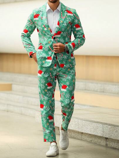 Manfinity Bizformal 2pcs Men's Christmas Hat All-Over Print Blazer And Pants Casual Suit Set, For Holiday
