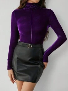 SHEIN Clasi 女式纯色长袖修身高领上衣，秋季 - 紫色 - 查看 5