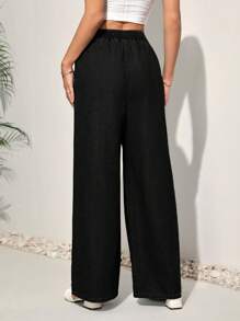 SHEIN Tall Quần Jeans Ống Thẳng Lưng Cao Rộng Thường Ngày Cho Nữ Có Dây Lưng Thun, Màu Xanh - màu đen - Xem 2