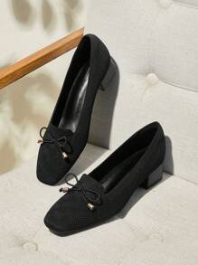CUCCOO BASICS Squared Toe High Heel Butterfly Decor Casual Loafers For Women Valentines - Black - View 2