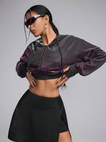 Innovista 金属面料紫色变形运动夹克、女式连帽衫、运动上衣、运动短款上衣、运动服、女式网球服、Y2K 服装、电子派对夹克、外出上衣 - 紫色 - 查看 7