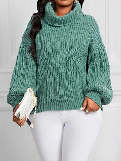 SHEIN Lady 秋冬季优雅工作绿色精纺高领插肩袖长袖大码毛衣