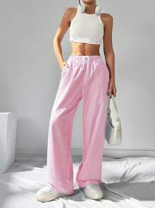 SHEIN EZwear Quần dài dệt sọc hồng cho nữ - Hồng - Xem 4