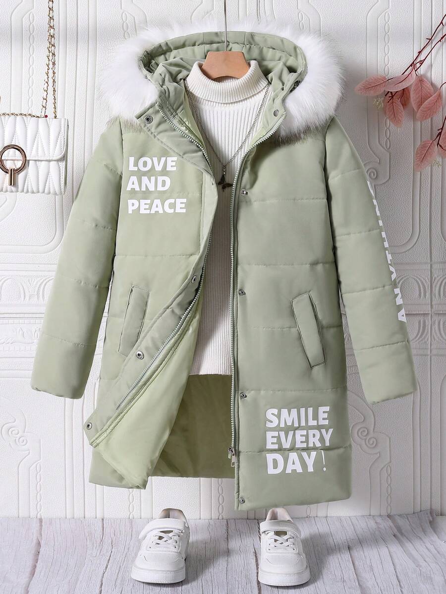 Tween Girl Winter Slogan Print Zipper Front Patchwork Fluffy Hooded Padded Coat - Mint Green - View 1