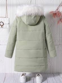 Tween Girl Winter Slogan Print Zipper Front Patchwork Fluffy Hooded Padded Coat - Mint Green - View 2