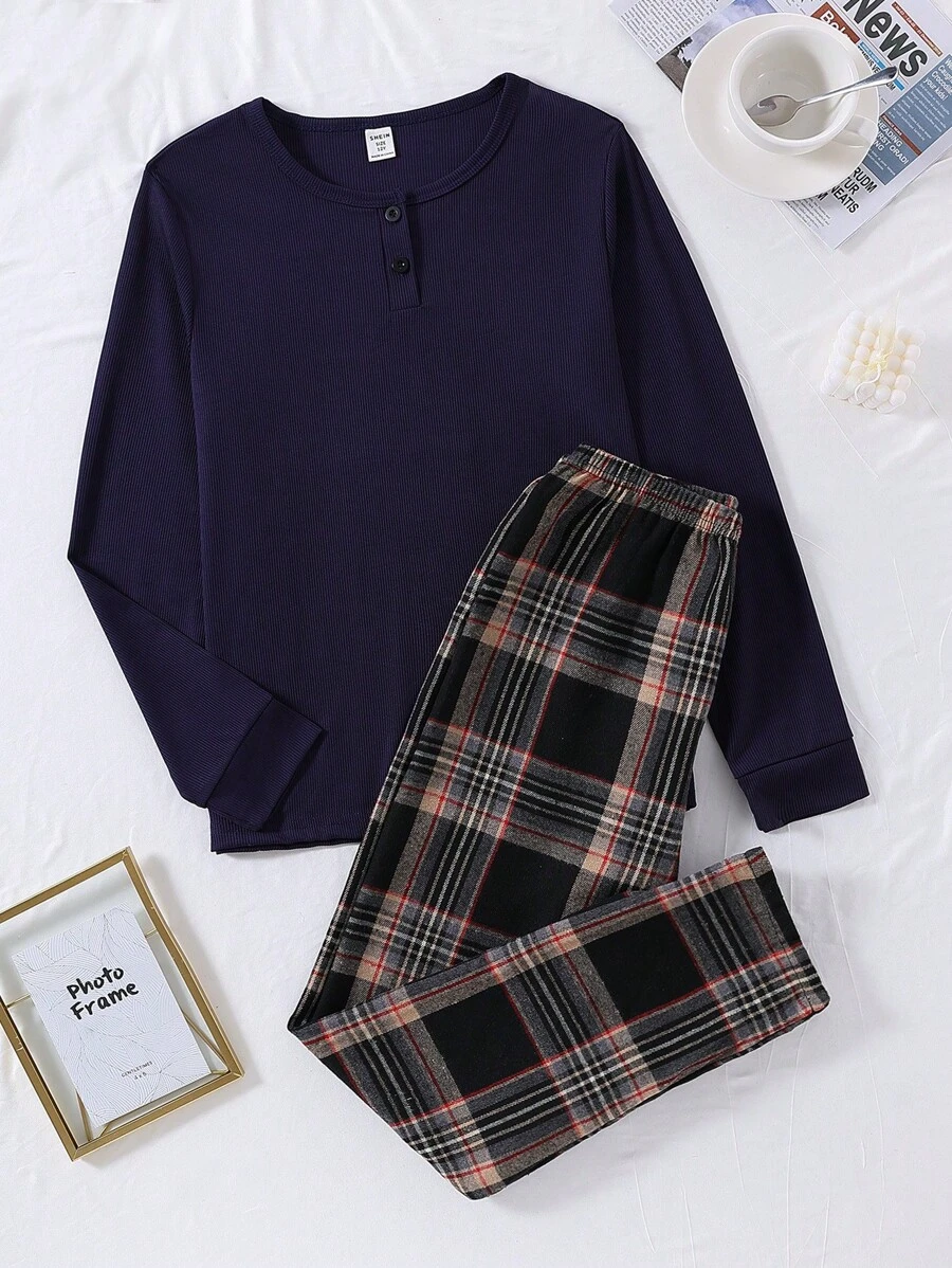 2pcs Teen Girls' Rib Pattern Long Sleeve Top & Large Plaid Pants Pajama Set, Casual For Autumn/Winter - Royal Blue - View 1