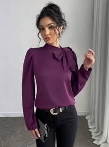 Selianne 1 chiếc áo cánh tay bồng cổ thắt nơ màu trơn thời trang dành cho nữ - Màu tím - Xem 5