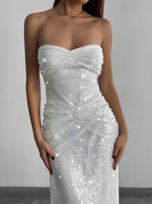 Aloruh 女士亮片装饰交叉胸围性感派对圣诞长裙 - 白色 - 查看 2