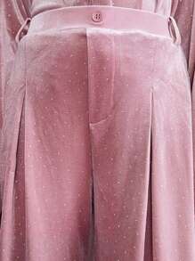 SHEIN Tween 女童优雅休闲宽松褶皱水钻天鹅绒喇叭裤，适合秋冬季圣诞节、新年派对 - 粉色 - 查看 3