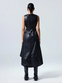 LYSMO Women Solid Color Round Neck PU Leather Sleeveless Mini Dress, Short Front & Long Back Design, Casual - Black - View 2