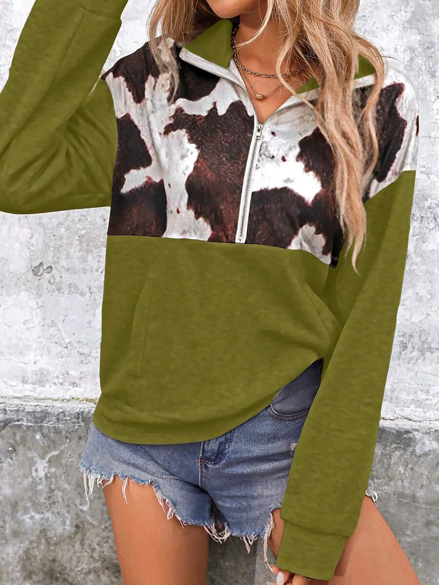 INAWLY Dames Stand Collar Half-Zip Colorblock Animal Print Hoodie Sweatshirt, Casual Sport, Herfst/Winter