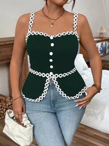 Calvaya Áo thun họa tiết hoa cỡ lớn, dây mảnh, cài nút phía trước, mặc hàng ngày, áo thun nữ - Màu xanh lá cây đậm - Xem 5