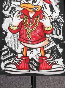 青少年男孩休闲街头时尚涂鸦卡通鸭子印花圆领长袖针织 T 恤 - 紅色 - 查看 4