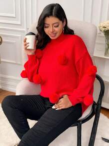 Calvaya Áo len nữ cỡ lớn dáng rộng, cổ đứng, tay phồng, thoải mái, phối họa tiết quả cầu bông, thích hợp mặc mùa thu/đông. - Đỏ - Xem 7