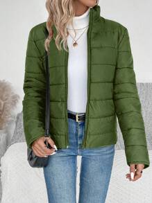 SHEIN LUNE 1 件装女士纯色前拉链长袖休闲加厚棉服外套冬季 - 軍綠色 - 查看 3