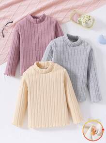 SHEIN 3 Piece Girls Thermal Inner Wear, Soft Rib-Knit Long Sleeve Tops In Light Purple, Apricot, And Gray - Multicolor - View 1