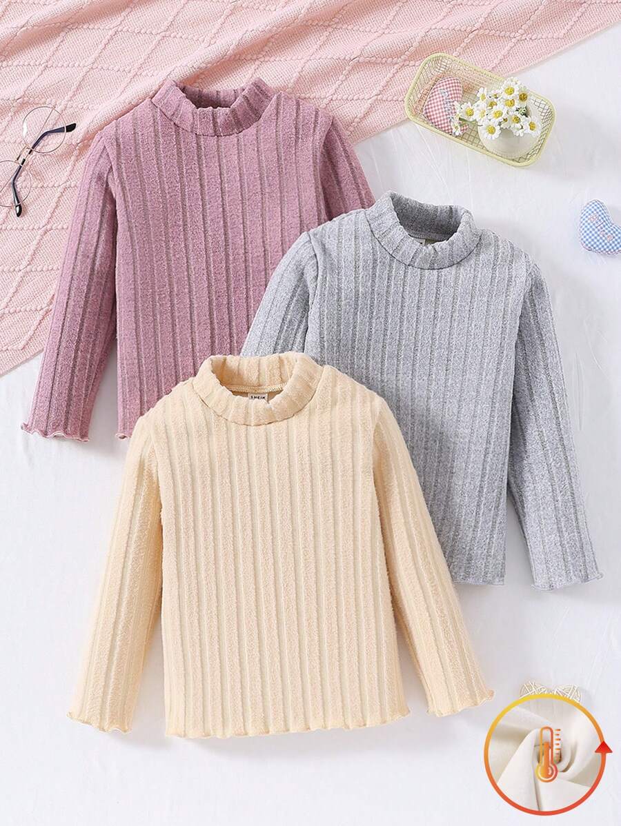 SHEIN 3 Piece Girls Thermal Inner Wear, Soft Rib-Knit Long Sleeve Tops In Light Purple, Apricot, And Gray - Multicolor - View 1